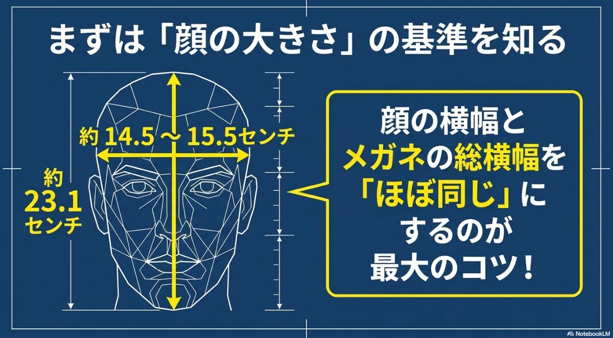 日本人男性の平均的な顔の寸法(縦約23.1センチ、横約14.5〜15.5センチ)と、メガネの総横幅を顔の横幅と合わせるコツ