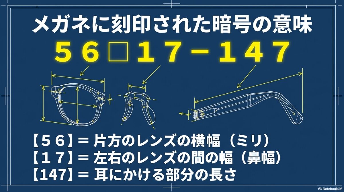 メガネのテンプルに刻印されている「56 17-147」などの暗号の意味(レンズ横幅、鼻幅、テンプル長)を解説した図