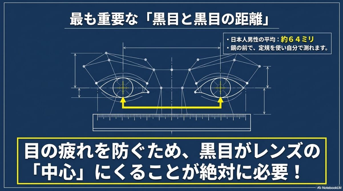 鏡の前で定規を使い、自分で瞳孔間距離(日本人男性平均約64ミリ)を測る方法