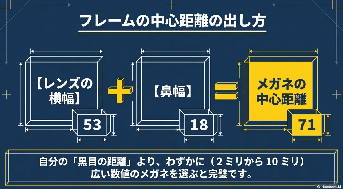 レンズの横幅と鼻幅を足してメガネの中心距離を計算する方法と、自分の黒目の距離よりわずかに広い数値を選ぶコツ