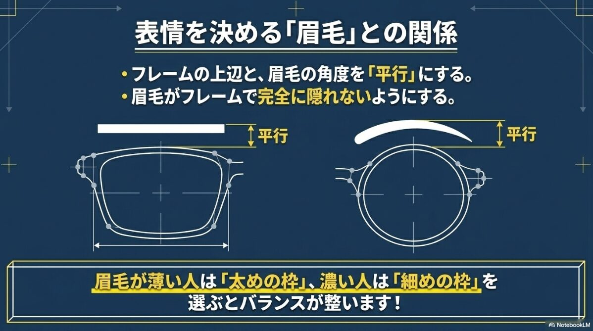 フレームの上辺と眉毛の角度を平行にし、眉毛の濃さに合わせて太枠や細枠を選ぶバランスの法則