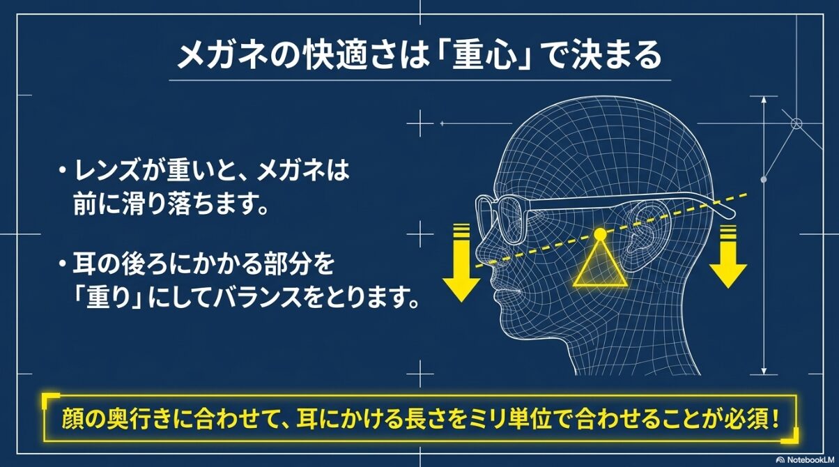 レンズの重さによる前滑りを防ぐため、耳の後ろを重りにしてバランスを取る仕組み