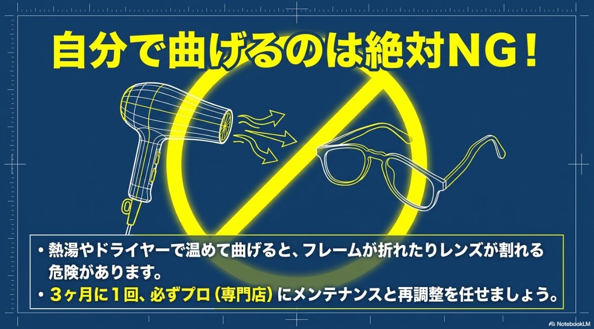 メガネをドライヤー等で温めて自分で曲げると破損の危険があるため、絶対に行ってはいけないという警告図