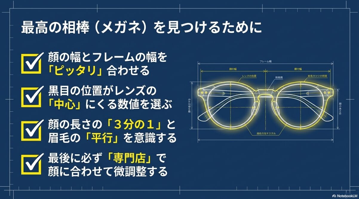 顔の幅、黒目の位置、長さのバランス、プロの微調整など、最高のメガネを選ぶための最終確認ポイントがまとめられた図解