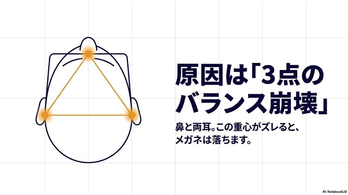 メガネがズレ落ちる原因は鼻と両耳の3点のバランス崩壊であることを示す図解