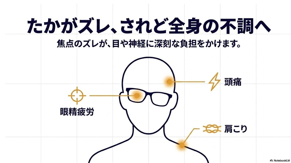 メガネの焦点のズレが頭痛、眼精疲労、肩こりなどの原因になることを示す図