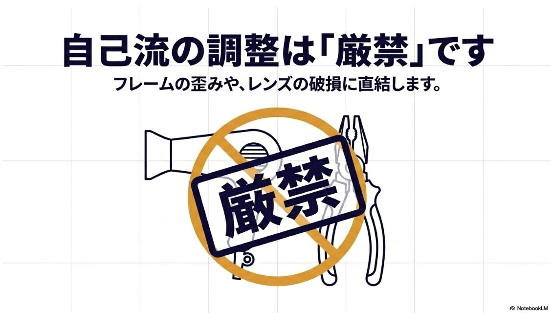 自己流のメガネ調整はフレームの歪みやレンズ破損に繋がるため厳禁であることを伝える警告画像