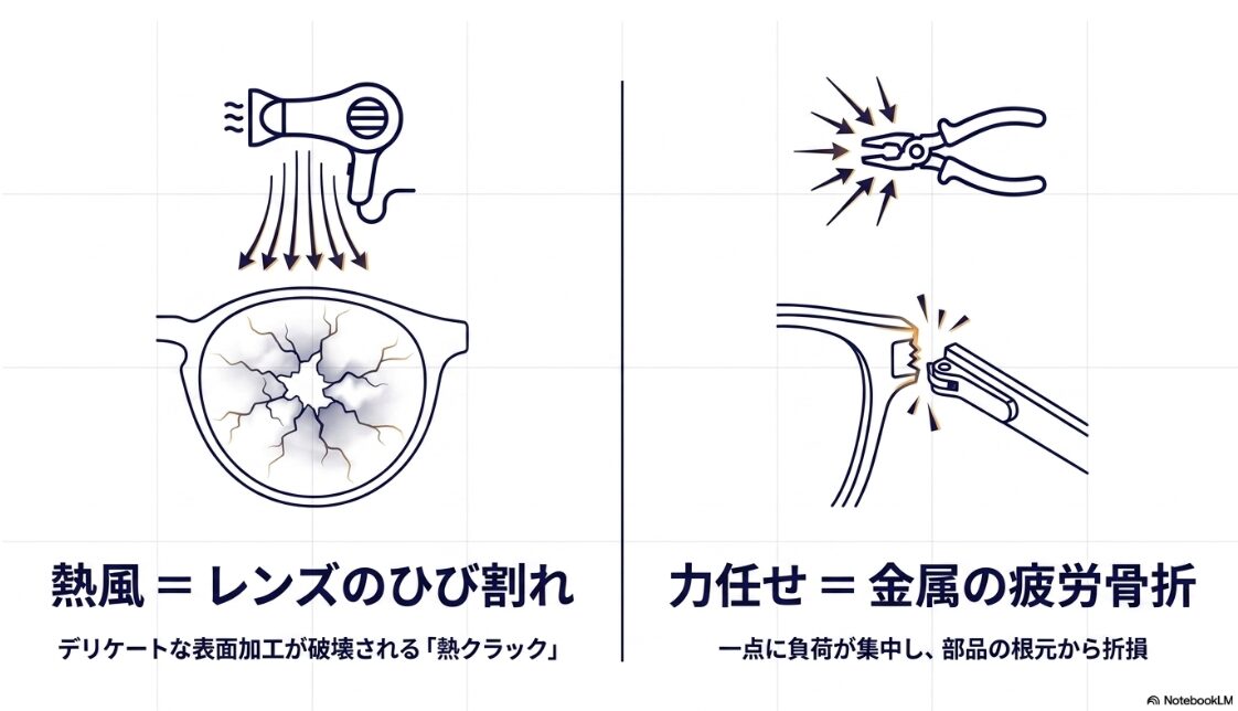 熱風によるレンズのひび割れや、力任せな調整による金属部品の疲労骨折リスクを示す図解