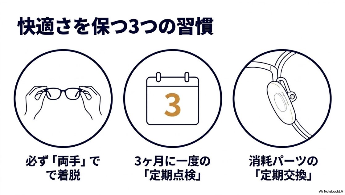 両手での着脱、定期点検、パーツ交換というメガネを快適に保つための3つの習慣