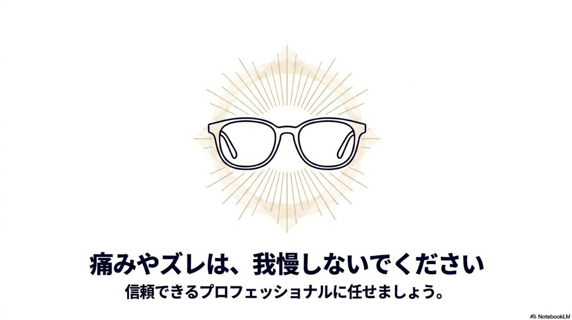 メガネの痛みやズレは我慢せず、信頼できるプロフェッショナルに任せることを促すメッセージ