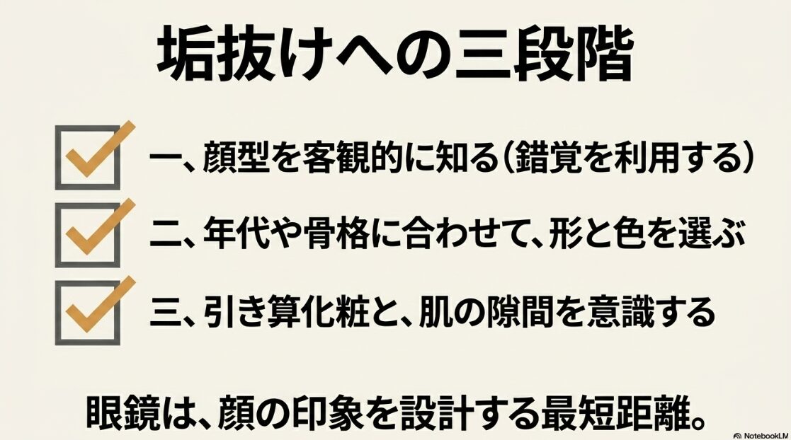 顔型を知る、年代・骨格に合わせて選ぶ、引き算化粧を意識するという、垢抜けへの3段階を示す図解