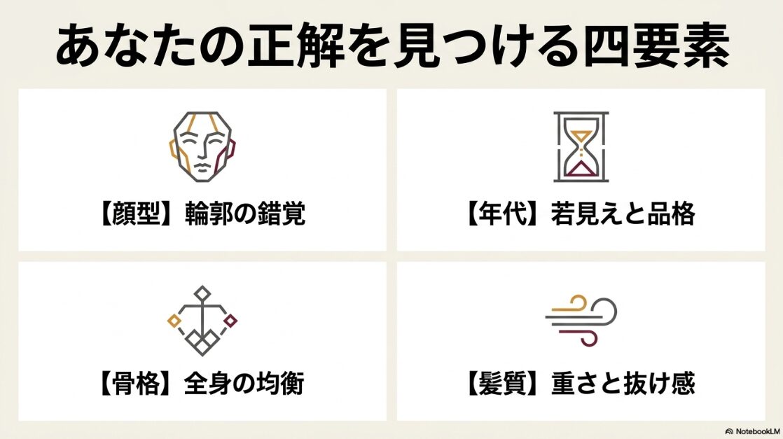 顔型、年代、骨格、髪質の4要素が、自分に似合うメガネ選びの正解を導くことを示す図解