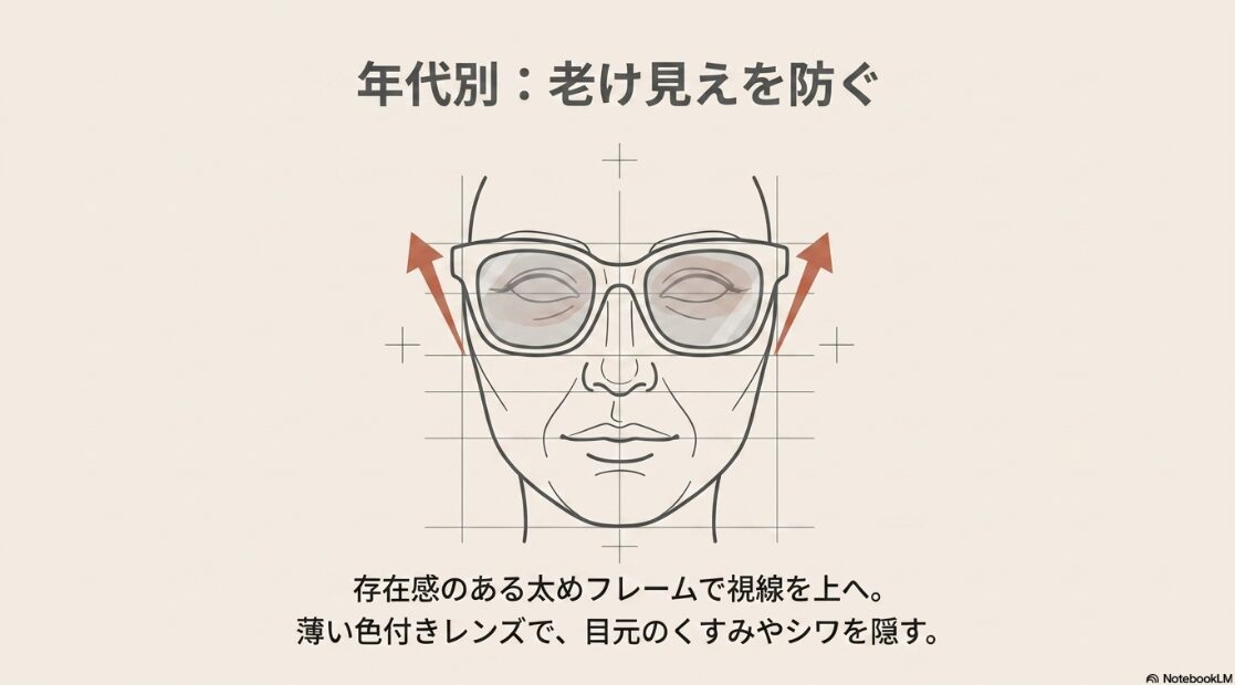 存在感のある太めフレームで視線を上に集め、薄い色付きレンズで目元のくすみやシワを隠す老け見え防止策の図解