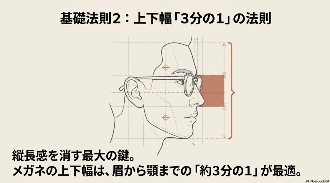 縦長感を消すためにメガネの上下幅を眉から顎までの約3分の1にする黄金比の図解