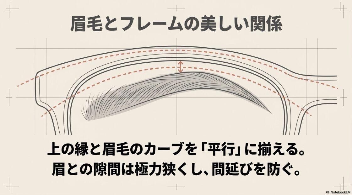 メガネの上の縁と眉毛のカーブを平行に揃え、眉との隙間を極力狭くして間延びを防ぐポイントの図解