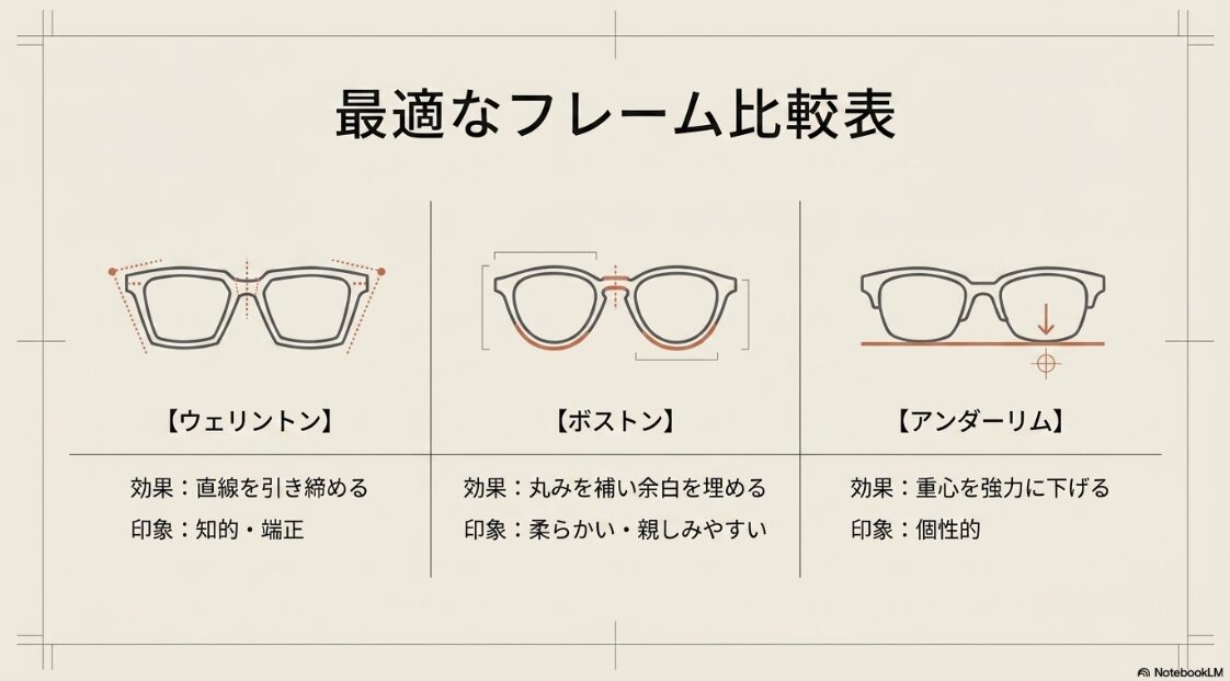 ウェリントン、ボストン、アンダーリムの各フレームの視覚的補正効果と印象をまとめた比較図