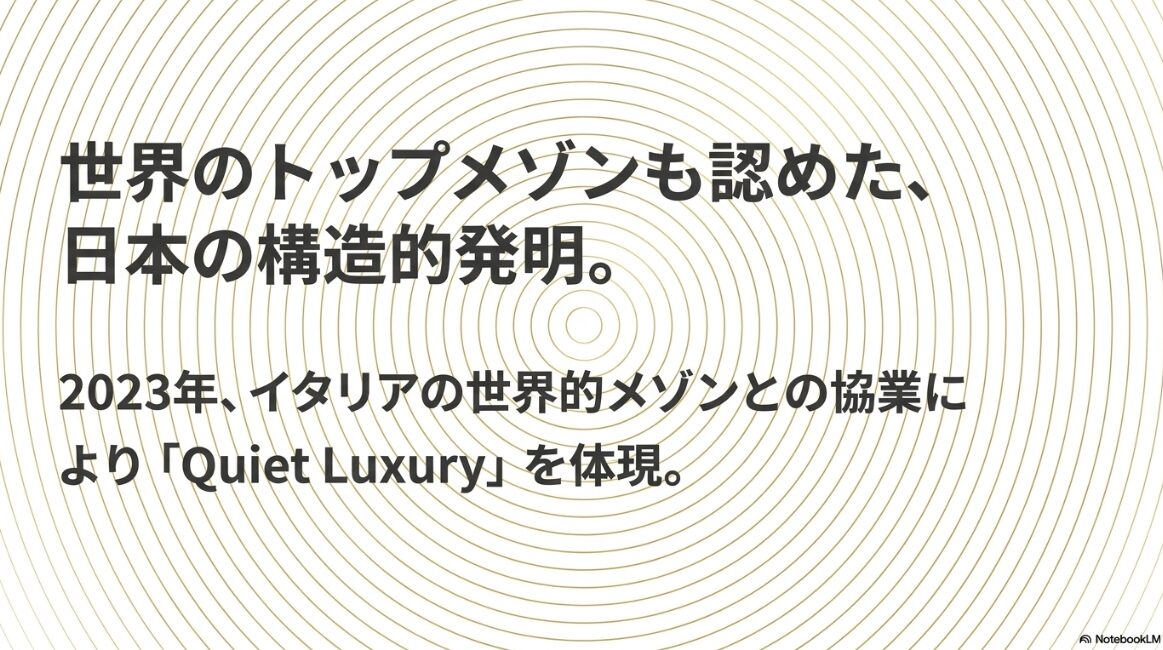 世界のトップメゾンも認めた、日本の構造的発明。2023年、イタリアの世界的メゾンとの協業によりQuiet Luxuryを体現と書かれたスライド