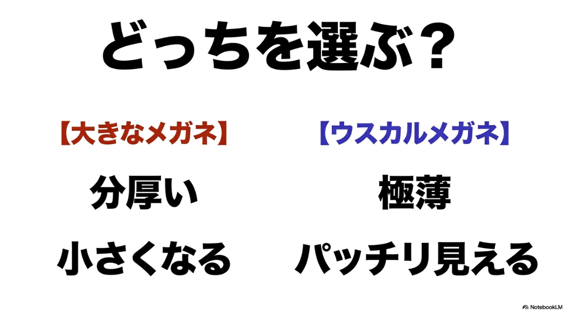 大きなメガネとウスカルメガネの仕上がりの違いを比較し、どちらを選ぶか問いかけるスライド