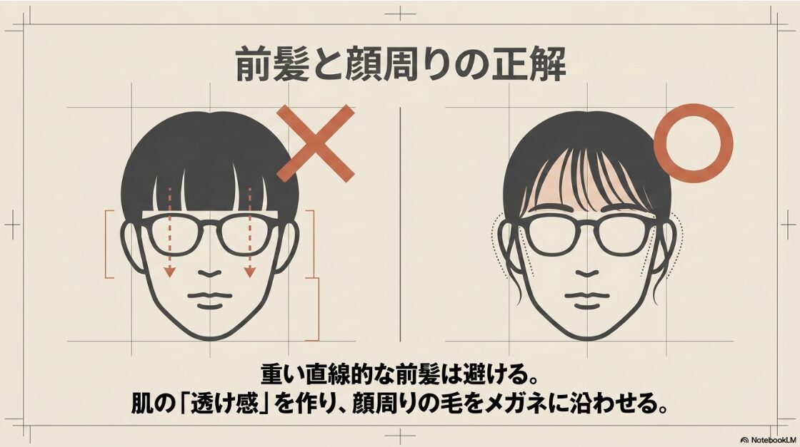 重い直線的な前髪を避け、肌の透け感を作り顔周りの毛をメガネに沿わせる前髪アレンジの正解・不正解の比較図
