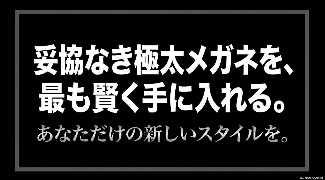 妥協なき極太メガネを最も賢く手に入れる、あなただけの新しいスタイルをと書かれたスライド。