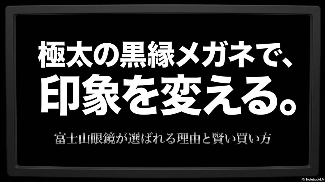 極太の黒縁メガネで印象を変える、富士山眼鏡が選ばれる理由と賢い買い方と書かれたタイトルスライド。