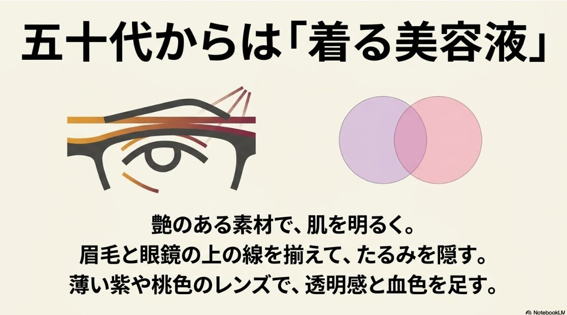 艶のある素材で肌を明るくし、薄いカラーレンズで透明感を足すなど、50代以降の着る美容液としてのメガネ活用法