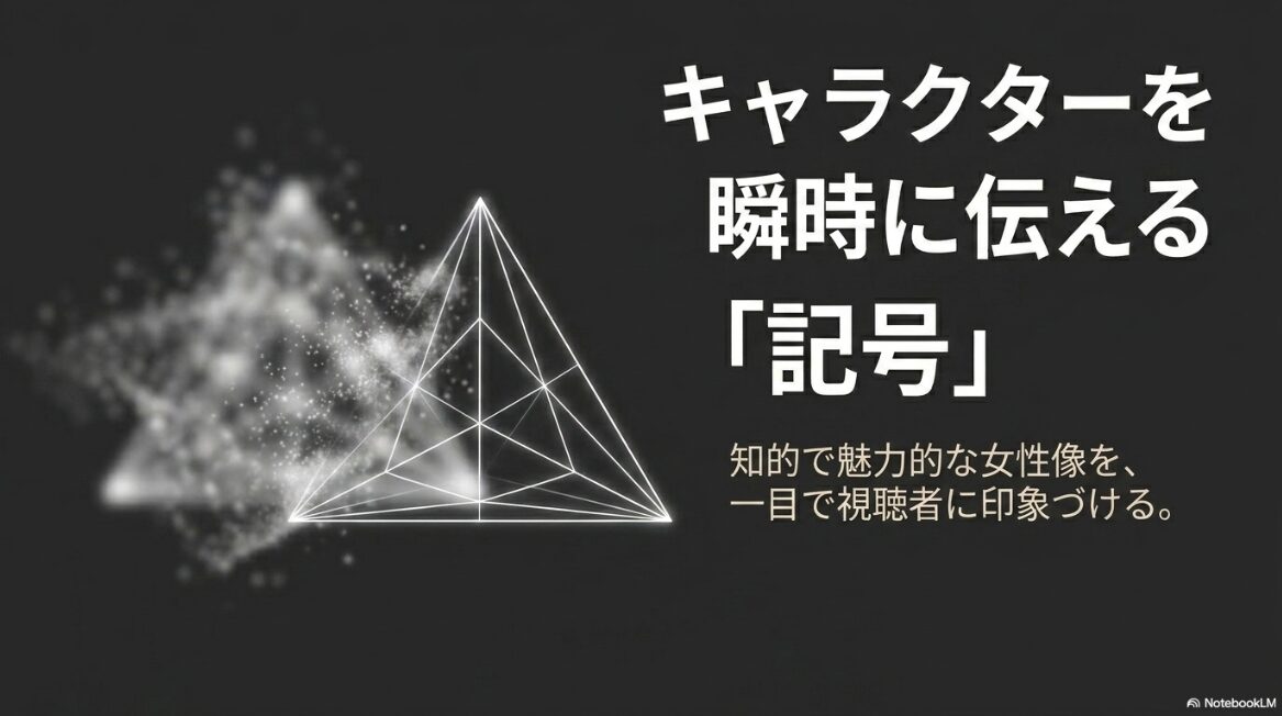 キャラクターを瞬時に伝える「記号」。知的で魅力的な女性像を、一目で視聴者に印象づける。