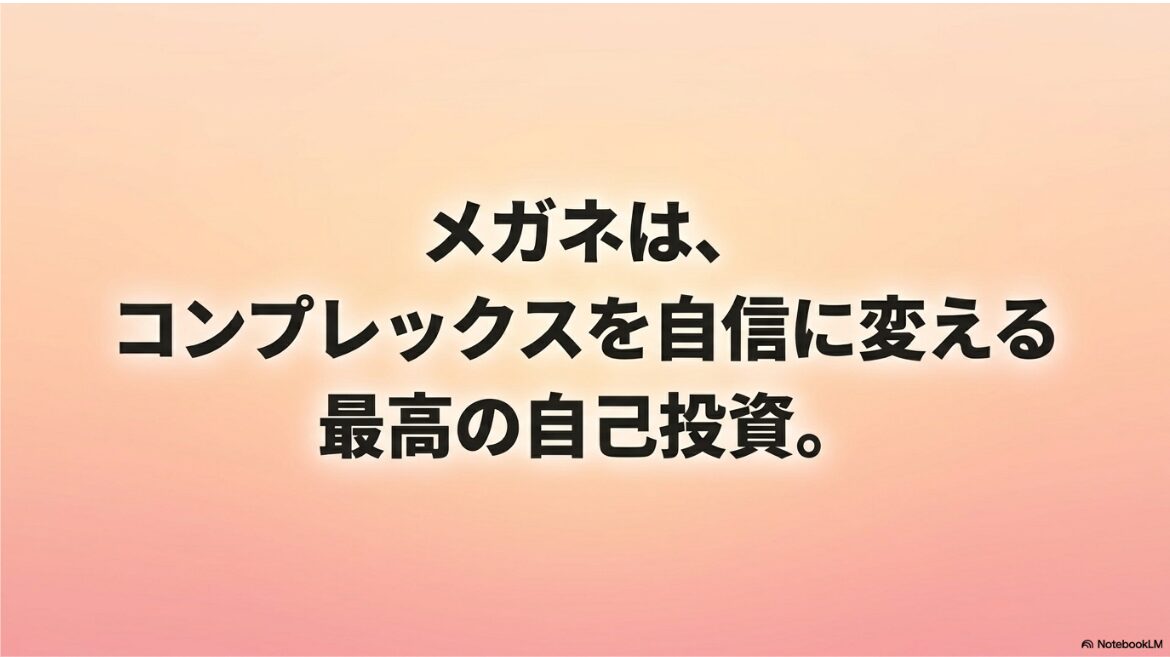 メガネはコンプレックスを自信に変える最高の自己投資であると伝えるメッセージスライド