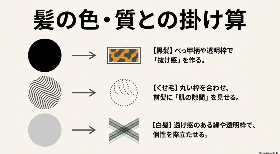 黒髪にはべっ甲柄、くせ毛には丸い枠、白髪には透け感のある枠など、髪色や髪質に合わせた抜け感の作り方