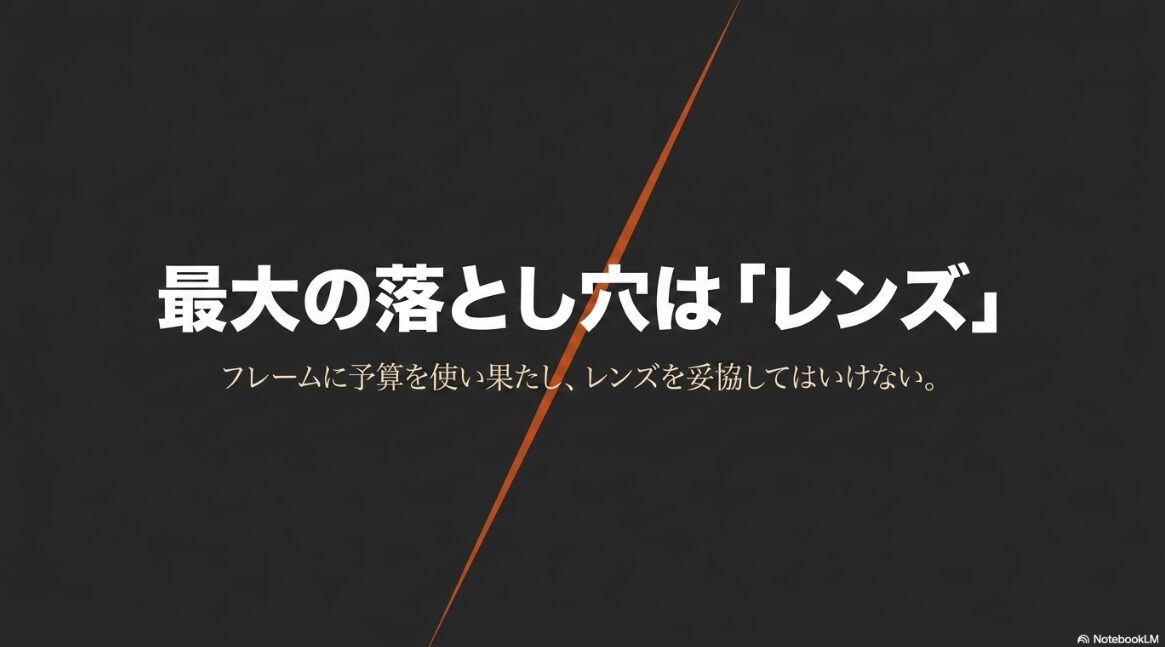 最大の落とし穴は「レンズ」。フレームに予算を使い果たし、レンズを妥協してはいけない。