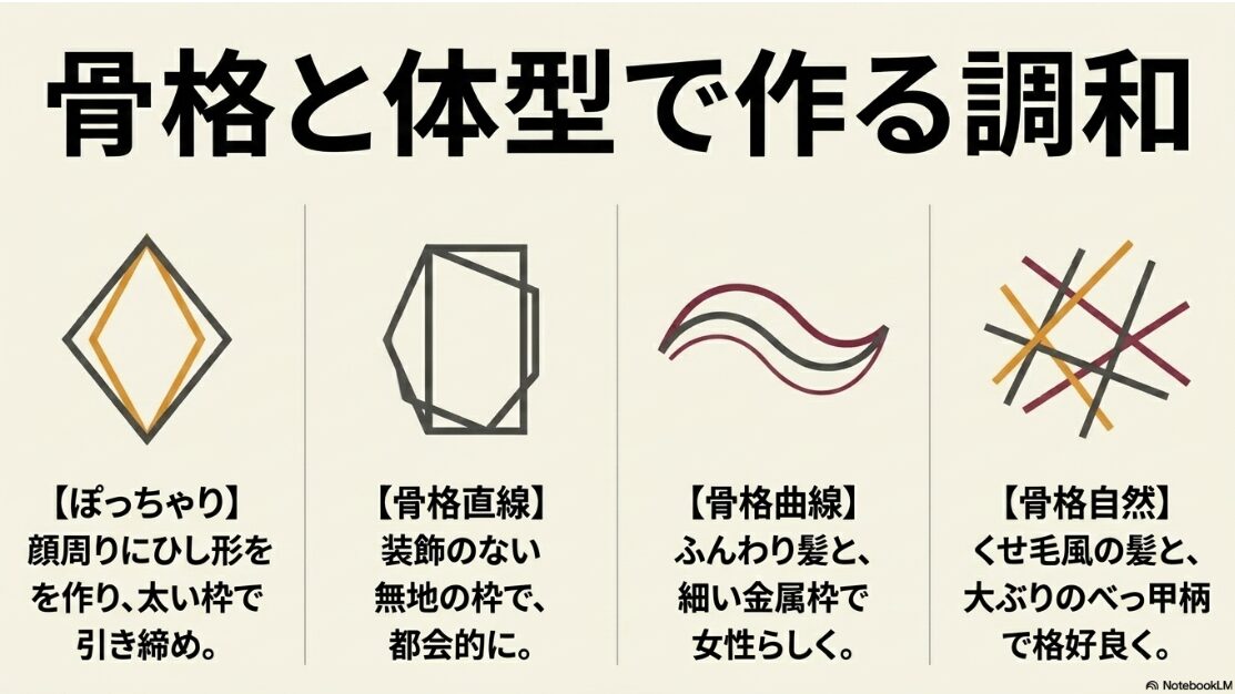 ぽっちゃり体型や、骨格ストレート・曲線・自然に合わせたメガネとスタイリングの調和を示す図解