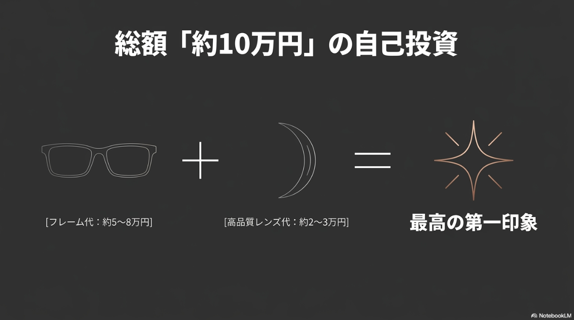総額「約10万円」の自己投資。フレーム代約5〜8万円 + 高品質レンズ代約2〜3万円 = 最高の第一印象