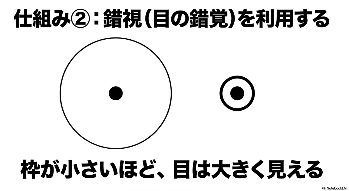 枠が小さいほど目は大きく見えるという錯視（目の錯覚）を利用した仕組みを説明するスライド