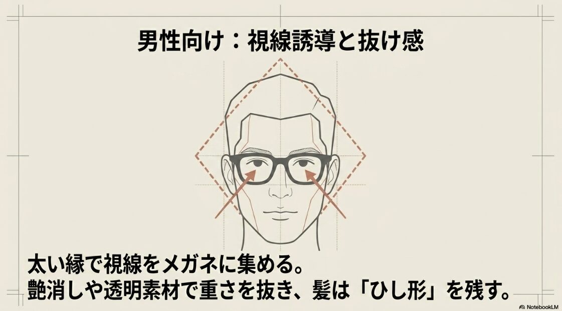 太い縁で視線を集め、艶消しや透明素材で抜け感を出しつつ、髪はひし形シルエットを残す男性向けテクニックの図解