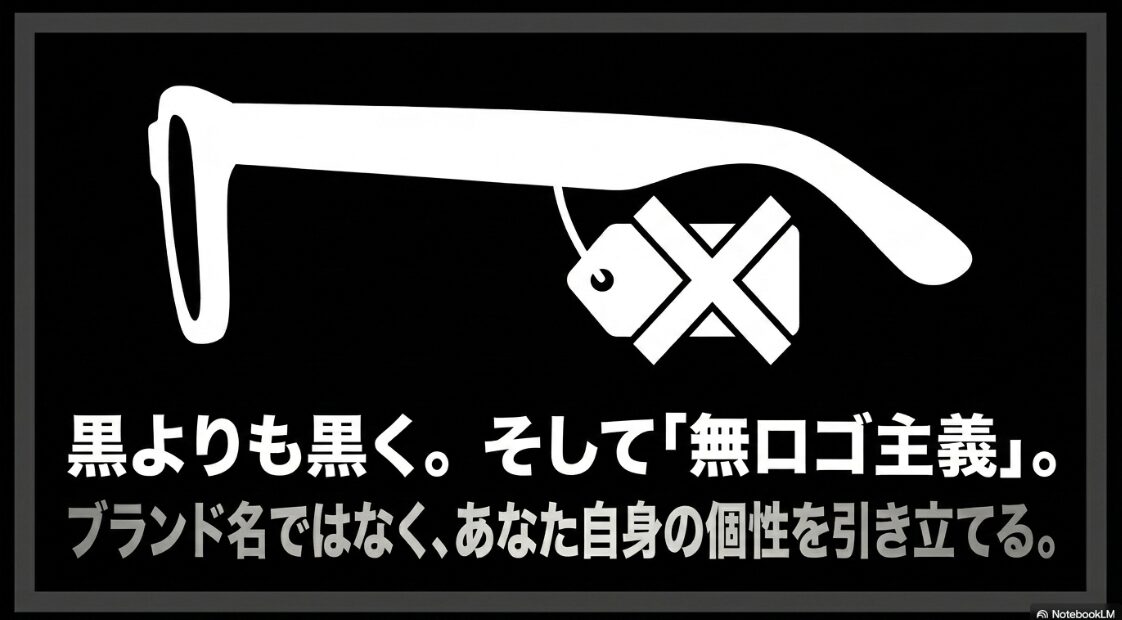 タグにバツ印がついたアイコンと共に、黒よりも黒く、ブランド名ではなく自分自身の個性を引き立てる「無ロゴ主義」について書かれたスライド。