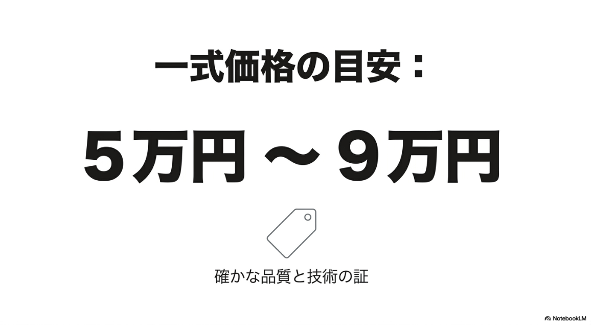 確かな品質と技術の証として、ウスカルメガネの一式価格の目安が5万円から9万円であることを示すスライド