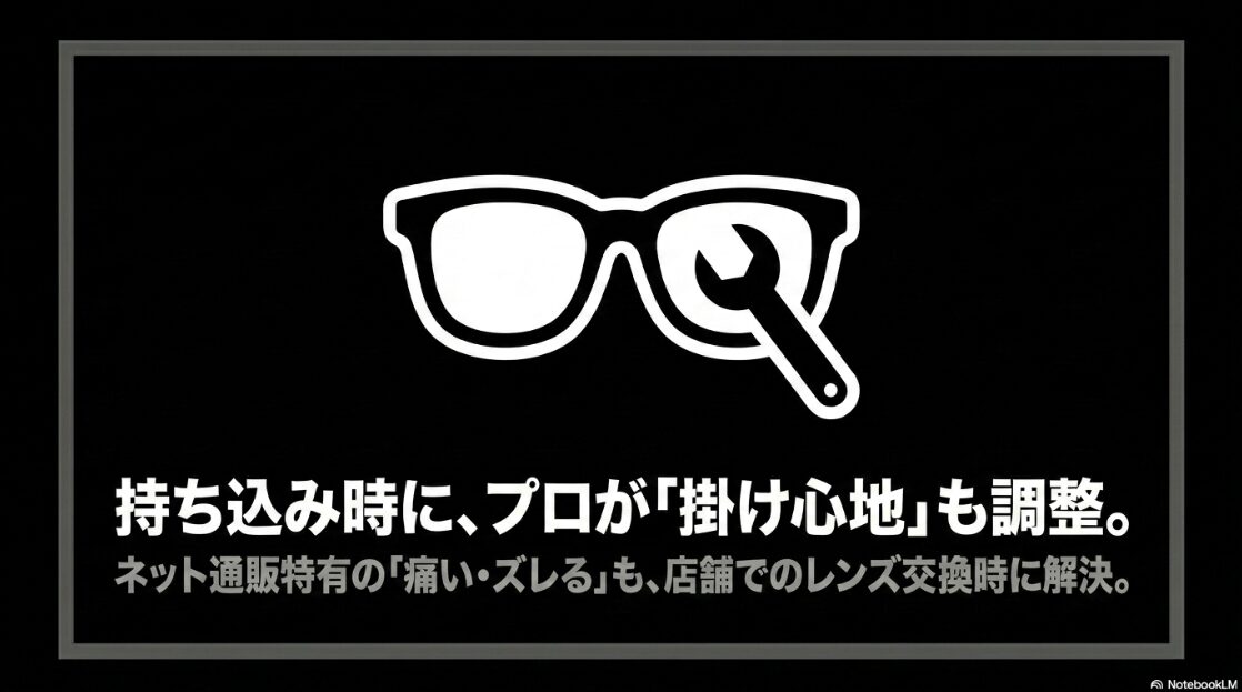 持ち込み時にプロが「掛け心地」も調整。ネット通販特有の痛い・ズレるという問題も店舗でのレンズ交換時に解決すると書かれたスライド。