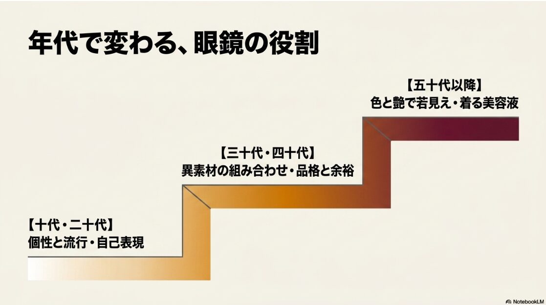 10〜20代は自己表現、30〜40代は品格、50代以降は若見えと、年代によって変わるメガネの役割を示す図解