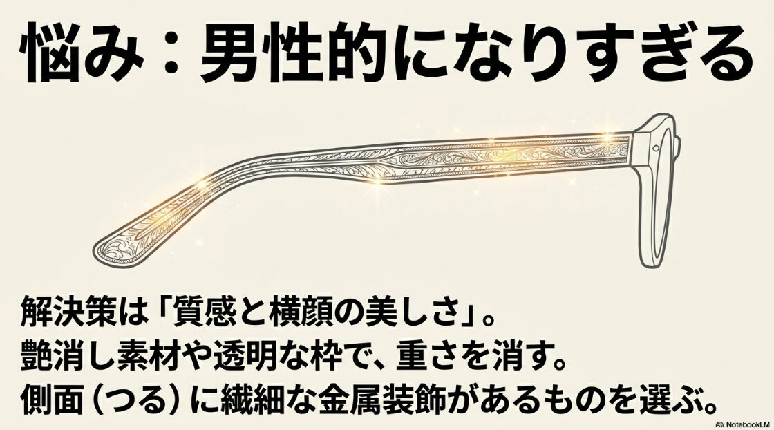 艶消し素材や透明な枠、側面の繊細な装飾を選ぶことで、無骨さを消し女性らしさを出す解決策を示す羽の図解