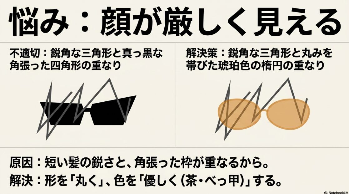 鋭角な枠から丸みを帯びた琥珀色の枠へ変えることで、ベリーショートの顔の厳しさを和らげる解決策の図解