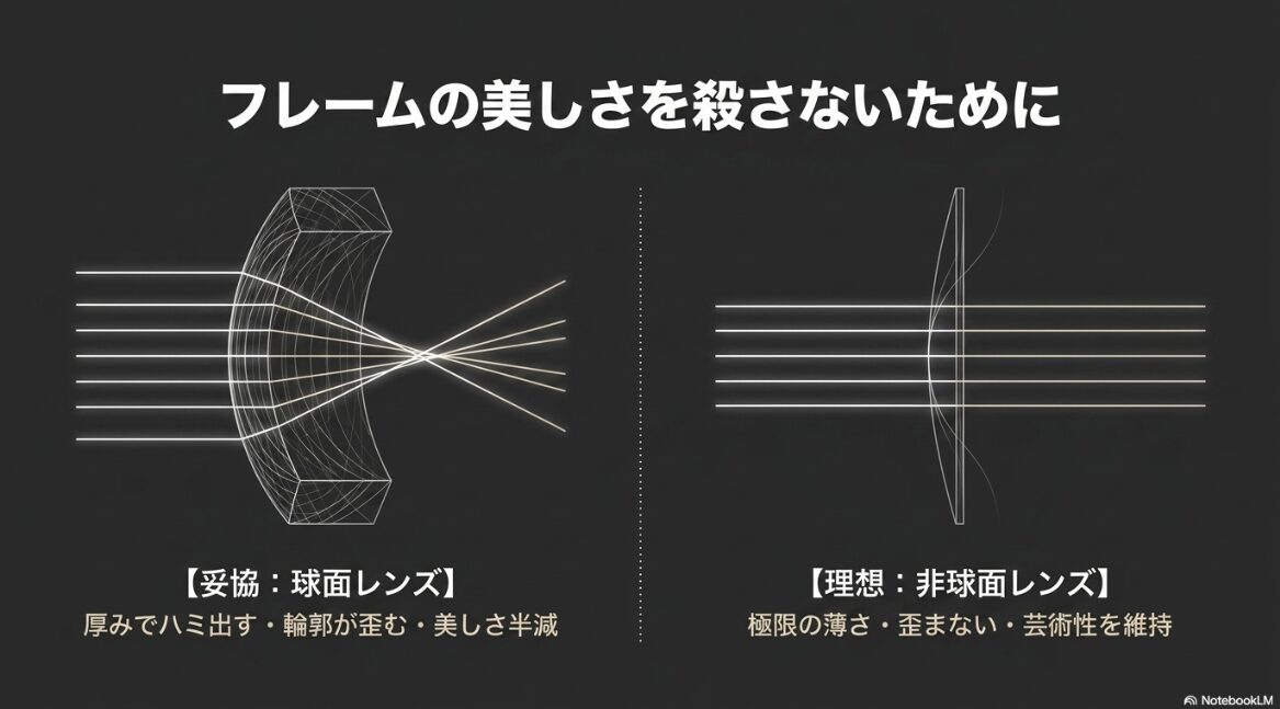 フレームの美しさを殺さないために。【妥協:球面レンズ】厚みでハミ出す・輪郭が歪む・美しさ半減 【理想:非球面レンズ】極限の薄さ・歪まない・芸術性を維持