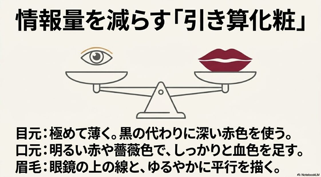 目元は極めて薄く、口元は血色を足し、眉毛は眼鏡の線と平行に描くという引き算化粧のバランスを示す天秤の図解
