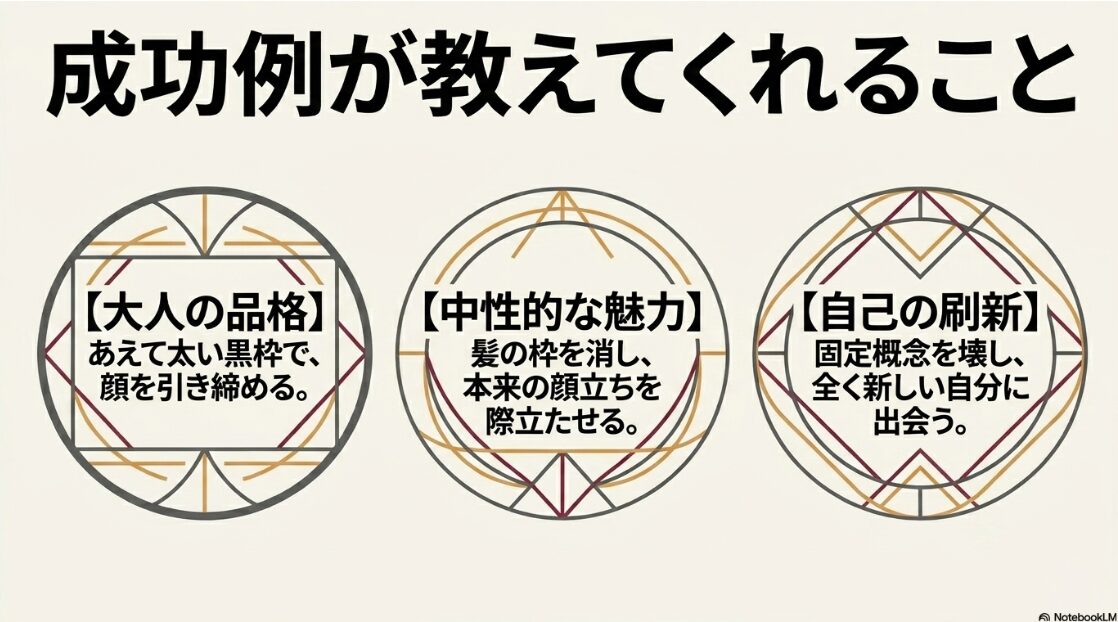 大人の品格、中性的な魅力、自己の刷新など、ベリーショートとメガネの組み合わせがもたらす成功例のポイント