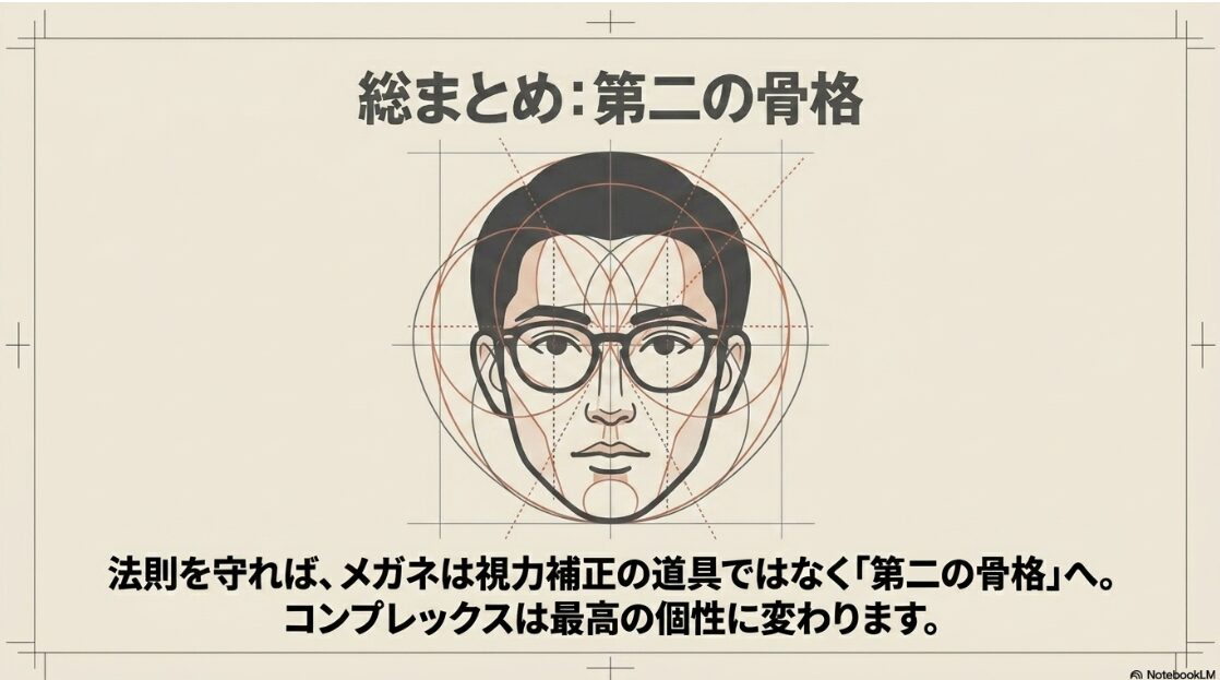 メガネは視力補正の道具ではなく第二の骨格であり、法則を守ればコンプレックスを最高の個性に変えられるというメッセージ図解