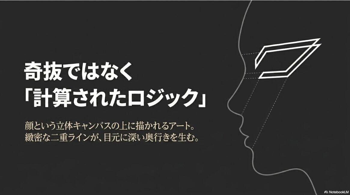 奇抜ではなく「計算されたロジック」。顔という立体キャンバスの上に描かれるアート。緻密な二重ラインが、目元に深い奥行きを生む。