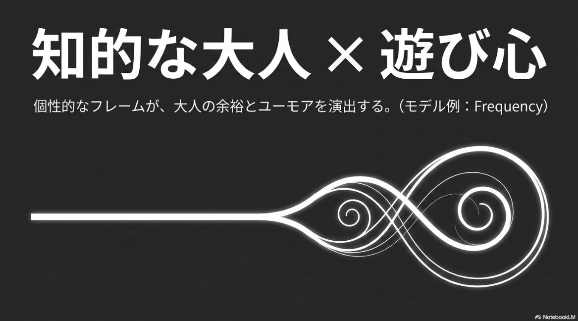 知的な大人×遊び心。個性的なフレームが、大人の余裕とユーモアを演出する。(モデル例: Frequency)