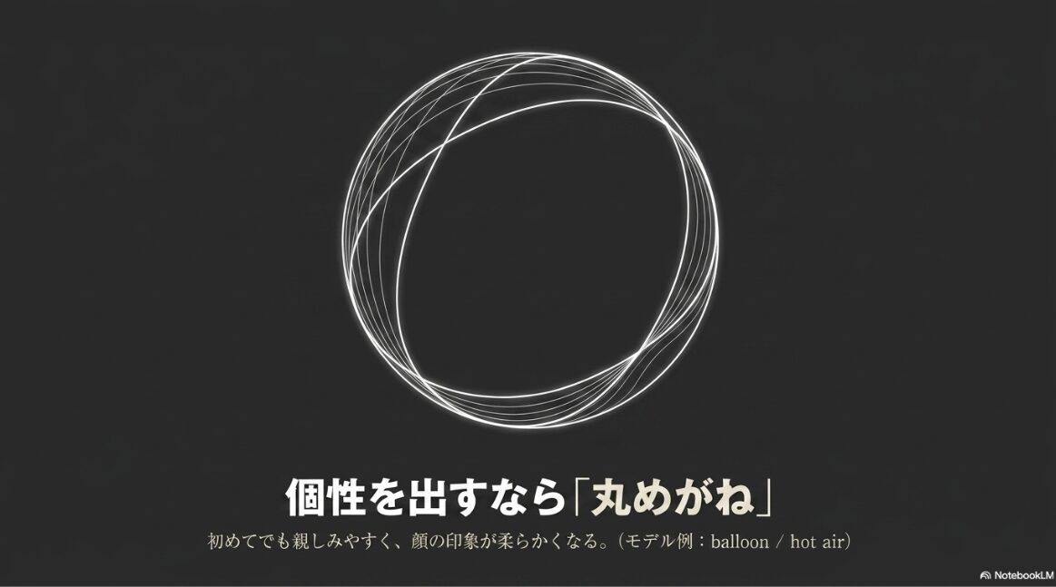個性を出すなら「丸めがね」。初めてでも親しみやすく、顔の印象が柔らかくなる。(モデル例: balloon / hot air)