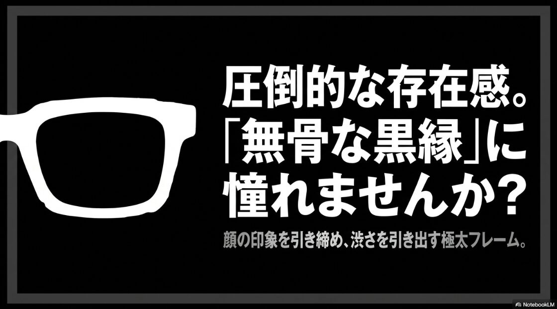圧倒的な存在感。「無骨な黒縁」に憧れませんか?顔の印象を引き締め、渋さを引き出す極太フレームと書かれたスライド。