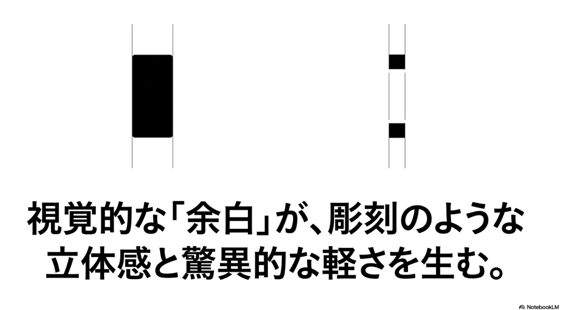 視覚的な余白が、彫刻のような立体感と驚異的な軽さを生むと書かれたスライド