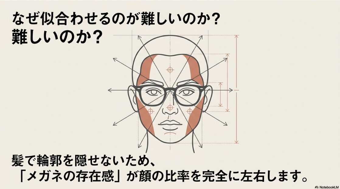 髪で輪郭を隠せないため、メガネの存在感が顔の比率を完全に左右する理由の図解